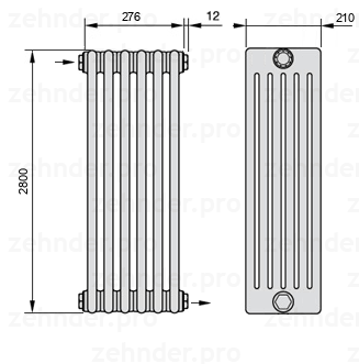 Схема (чертеж) Радиатор Zehnder Charleston 6280/6 №1670 Белый глянцевый RAL 9016